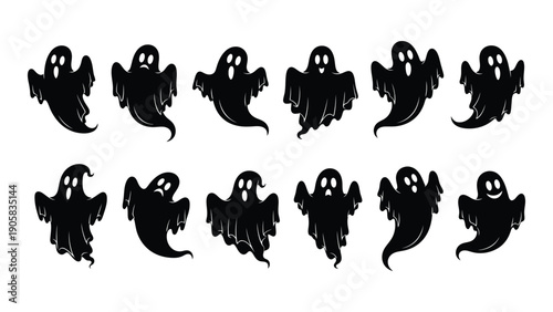A collection of ghost illustrations in various poses and positions. Vector
