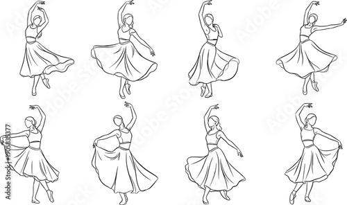 Black and white line of eight ballet dancers in various poses line black and white movement