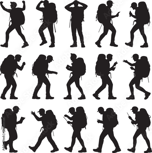Silhouette collection of hikers with backpacks in various poses
