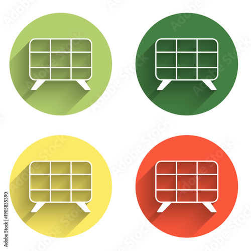 Set Solar energy panel icon isolated with long shadow background. Color circle button. Vector