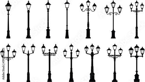 Classic street lamp silhouette collection illustration, vintage outdoor lighting poles set isolated on white background for urban design projects