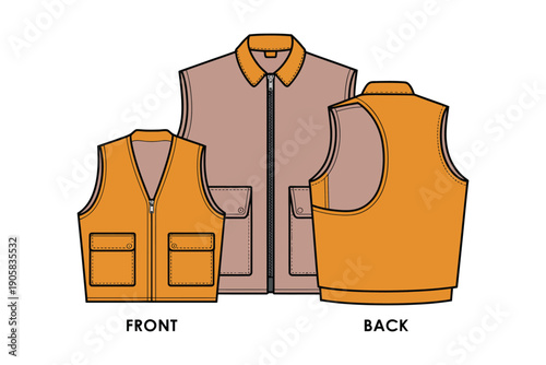 Vest vector illustration with front and back views and pockets