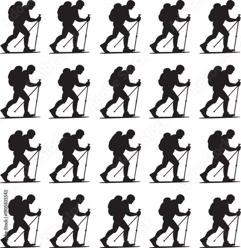 Seamless pattern of hiker with backpack and trekking poles silhouette
