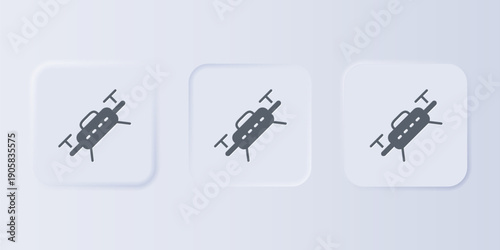 Grey Drone flying icon isolated on grey background. Quadrocopter with video and photo camera symbol. Set icons in square buttons. Vector