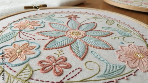 Hand Embroidered Floral Textile Fabric Close Up