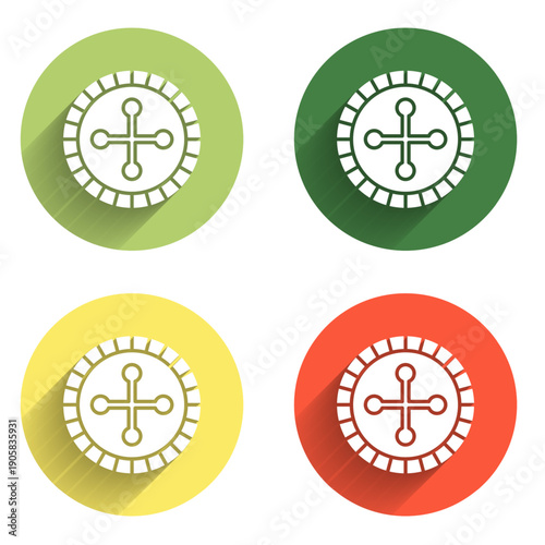 Set Casino roulette wheel icon isolated with long shadow background. Color circle button. Vector