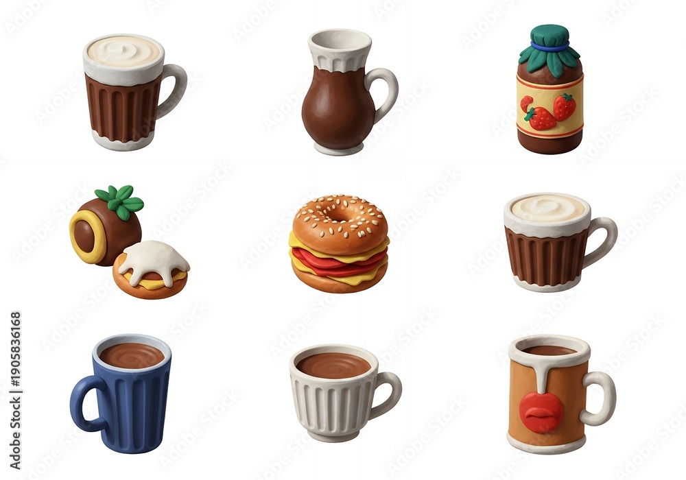 Obraz premium Whimsical Clay Art Food and Beverage Set Charming Coffee Mugs Snacks Jam