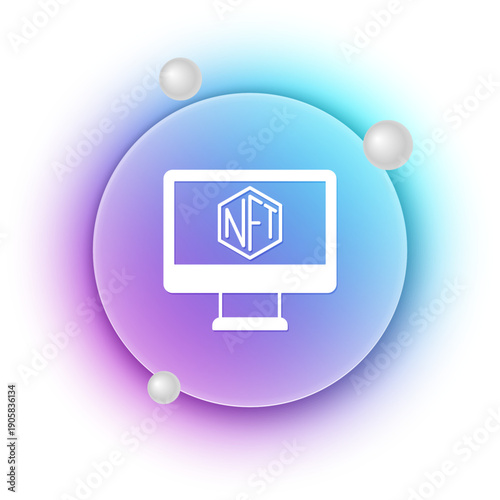 White Monitor with art store app icon isolated on white background. Technology of selling NFT tokens for cryptocurrency. Non fungible token concept. Blue and purple gradient circle background. Vector