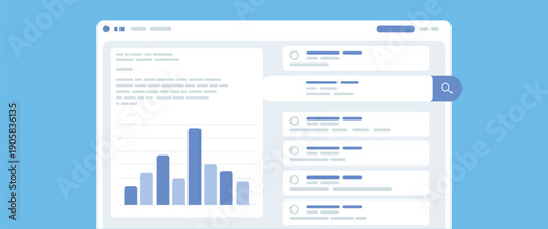 SEO Analytics Dashboard Vector Illustration with Search Results and Bar Chart Data Analysis Interface