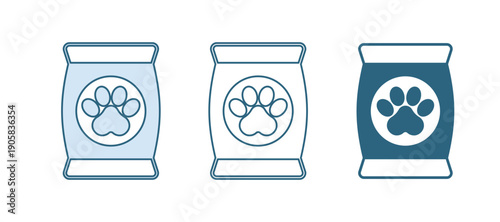 Blue Bag of food for pet icon isolated on white background. Food for animals. Dog bone sign. Pet food package. Vector