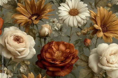 Elegant, chic seamless pattern of vintage flowers in earthy tones, including burnt orange and olive green roses and daisies