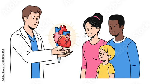 Heart Health: A doctor presents a realistic model of a human heart to a family. 
