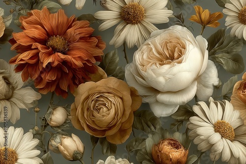 Elegant, chic seamless pattern of vintage flowers in earthy tones, including burnt orange and olive green roses and daisies