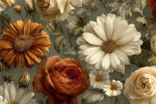 Elegant, chic seamless pattern of vintage flowers in earthy tones, including burnt orange and olive green roses and daisies