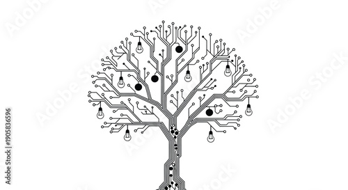 Innovative circuit board tree with glowing light bulbs, symbolizing technological growth and bright.