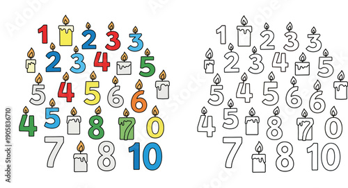 Birthday candle numbers set vector collection of colorful digits and black and white outlines for coloring page anniversary cake decoration symbols 0 to 10 isolated on white background.