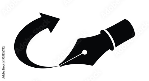 Ink pen nib silhouette with a curved arrow, representing writing, editing, and creative process.