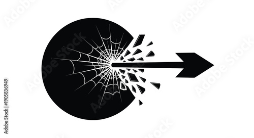 Arrow icon aggressively breaks through a circular barrier creating shattered fragments moving toward.