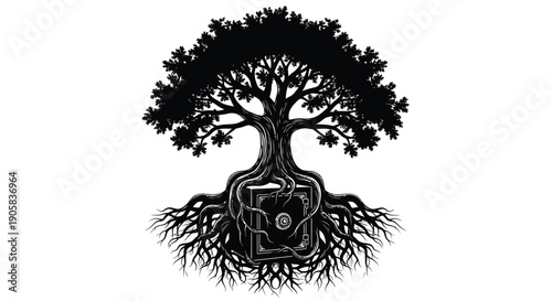 Stylized tree of life design features deep roots intertwining with an ancient square symbol on a.