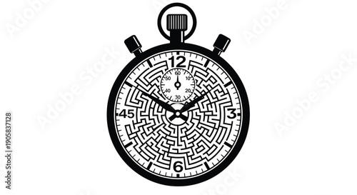 Stopwatch face displays a complex circular maze design symbolizing difficult time management issues.