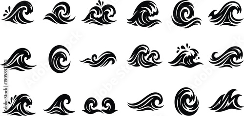 Collection of stylized black wave icons and symbols representing the ocean and water