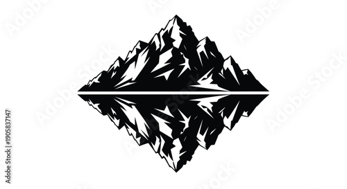 Symmetrical mountain range graphic reflects perfectly across a horizontal line resembling still water.