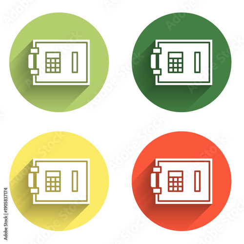 Set Safe icon isolated with long shadow background. The door safe a bank vault with a combination lock. Reliable Data Protection. Color circle button. Vector