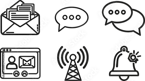 Hand-drawn communication and notification icons, email envelope, speech bubbles, web browser messaging, radio tower signals, notification bell alert illustration concept