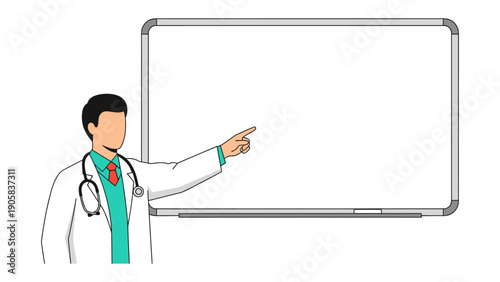 Medical Professional's Presentation: A healthcare professional, clad in a crisp white coat, gestures towards a blank whiteboard, ready to explain concepts. 