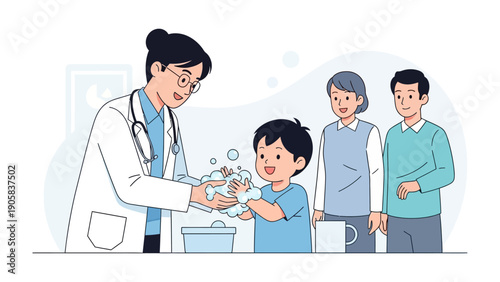 Doctor Teaching Hand Hygiene: A doctor demonstrates proper handwashing to a young child, with the child's family observing. Capturing the importance of health education and cleanliness.