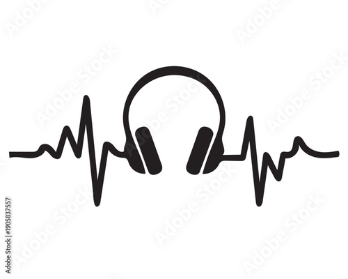 Headphones symbol with electrocardiogram lifeline sound wave, abstract music rhythm and audio signal, concept of love music and healthy lifestyle, vector illustration