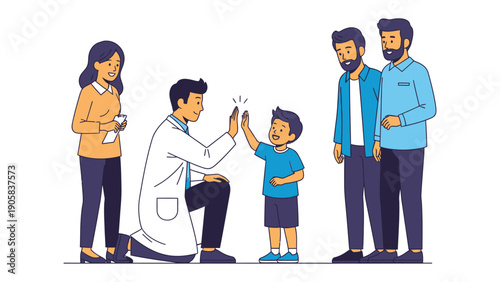 Child Doctor High-Five: A young child joyfully high-fives a friendly doctor in a heartwarming medical setting, supported by their loving parents. This image depicts trust, care.