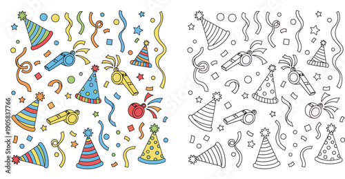 Seamless party pattern background with birthday hats, whistles, confetti and streamers. Vector illustration set in colorful and black and white outline coloring page style.