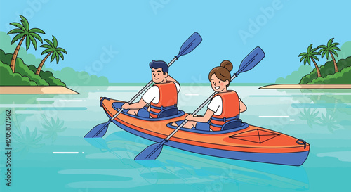 Happy couple wearing life jackets paddling orange kayak in tropical lagoon