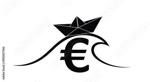 Black paper boat floats upon a stylized wave supporting a large Euro currency symbol.