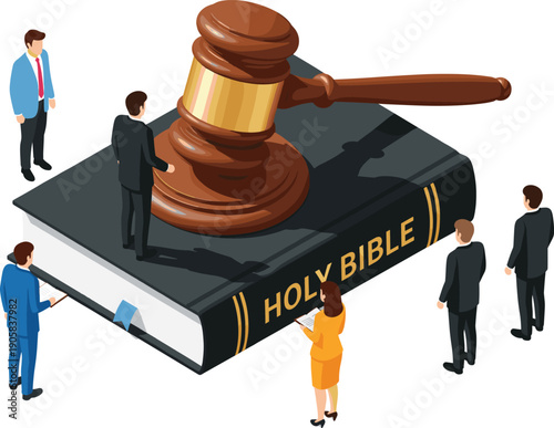 Isometric justice concept with gavel on holy bible and business people