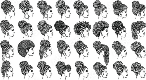 Black and white of women's hairstyles hair styles headshots profiles