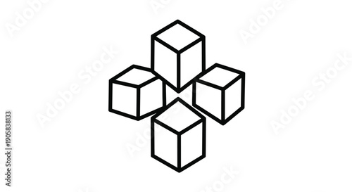 Four isometric cubes arranged in a cross shape illustrate structural organization or spatial planning.