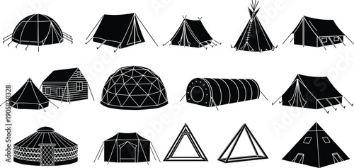 Black and white of various tent styles tents camping dome tent pyramid tent