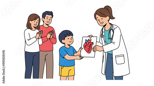 Medical Consultation: A heartwarming scene unfolds as a dedicated doctor shares a detailed anatomical illustration of a human heart with a young patient and his parents.