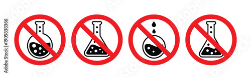 No chemical symbol icon set with prohibition laboratory flask sign, hazard warning chemistry vector illustration isolated on white background for safety regulations, dangerous substances alerts, 