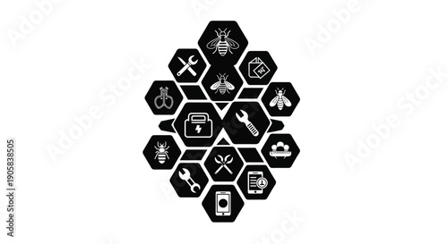 Honeycomb structure contains various icons representing technical maintenance, repair services,.