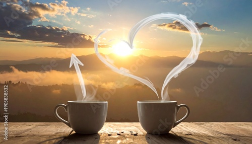 Coffee Cups with Heart Shaped Steam at Sunrise.