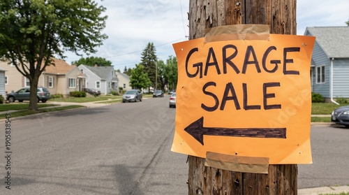 Garage sale sign on wooden pole directing traffic in suburban neighborhood  