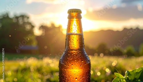 Cold Beer Bottle in Sunny Field.