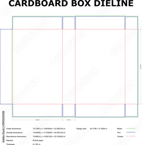 A technical diagram of a cardboard box die line with precise measurements and colorful outlines