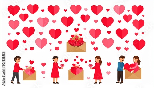 Couple Exchanging Gifts with Heart Elements.