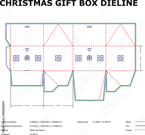 A technical diagram of a Christmas gift box die line with dimensions and design specifications