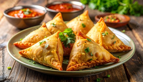 Delicious Samosas on a Plate with Dipping Sauces.