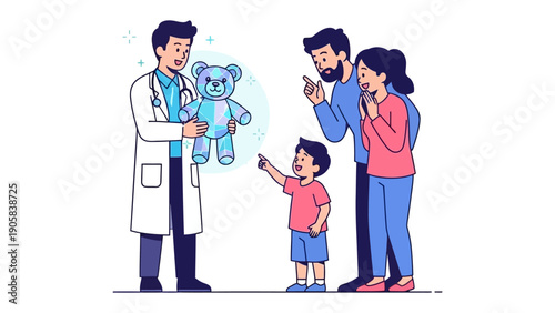 Playful Diagnosis: A doctor with a stethoscope in his hands offers a stuffed animal to a child, while the parents look on in this illustration about healthcare. 